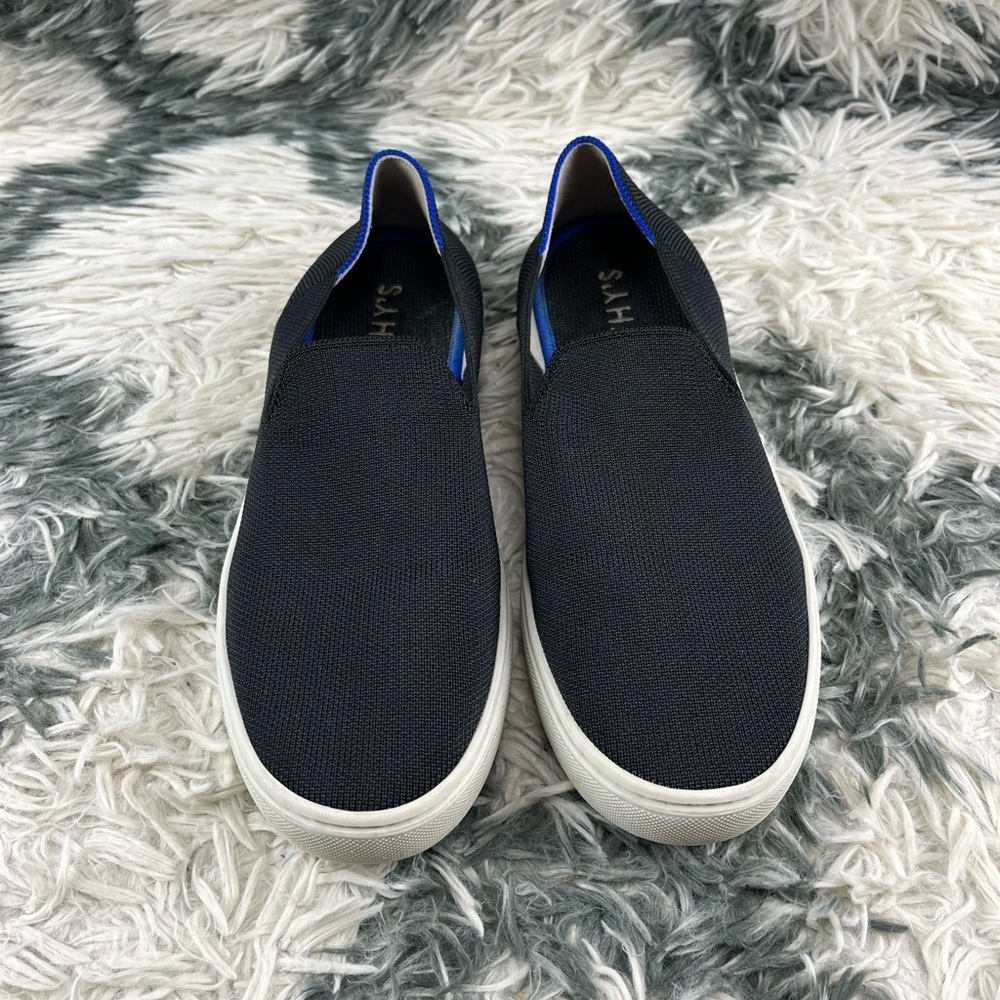 Rothy's Womens The Sneaker Slip On Shoe Black Blue Trim Size 8